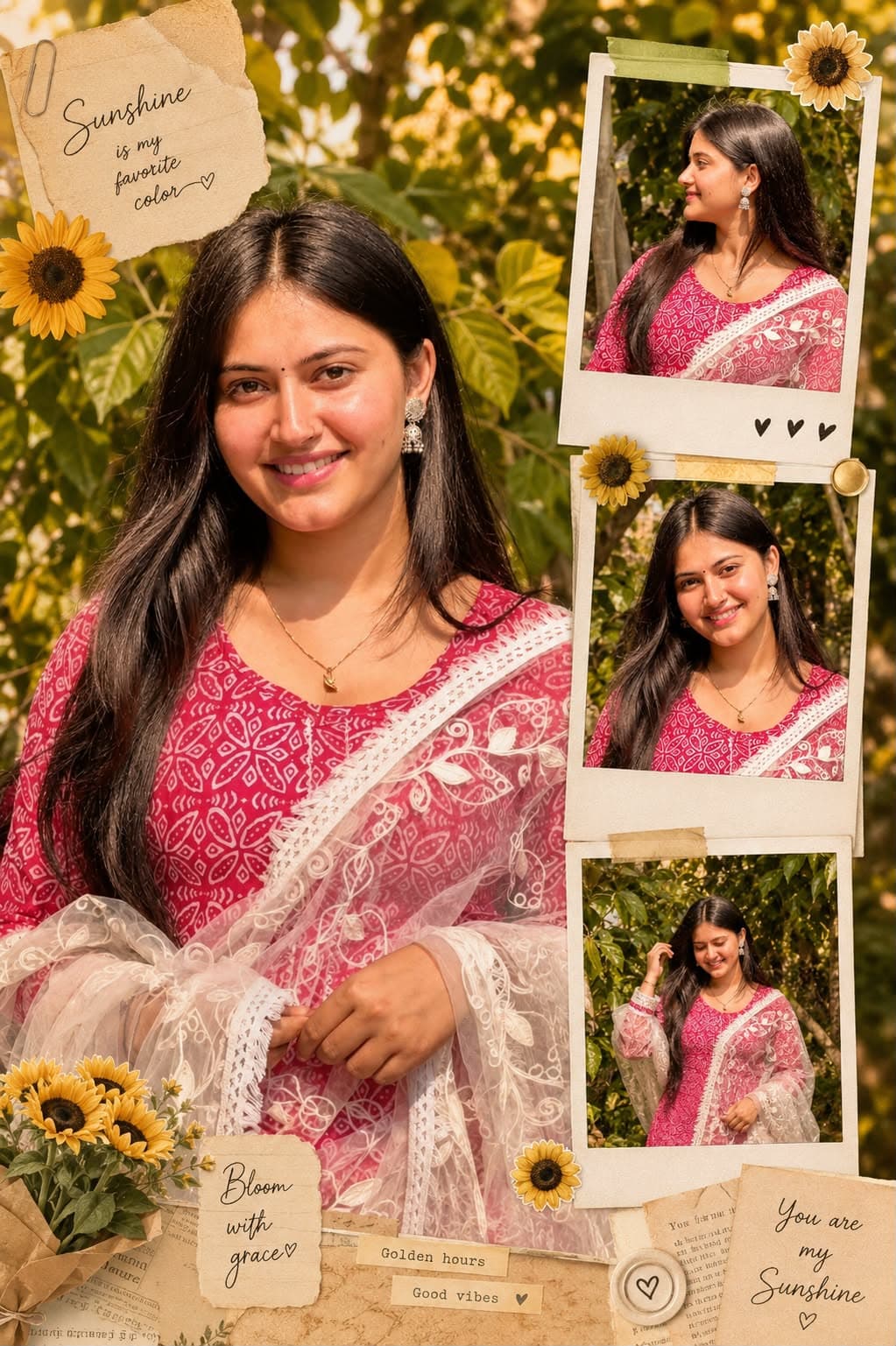 Instagram collage edit with a warm golden sunlight vibe Outdoor garden sunflower theme